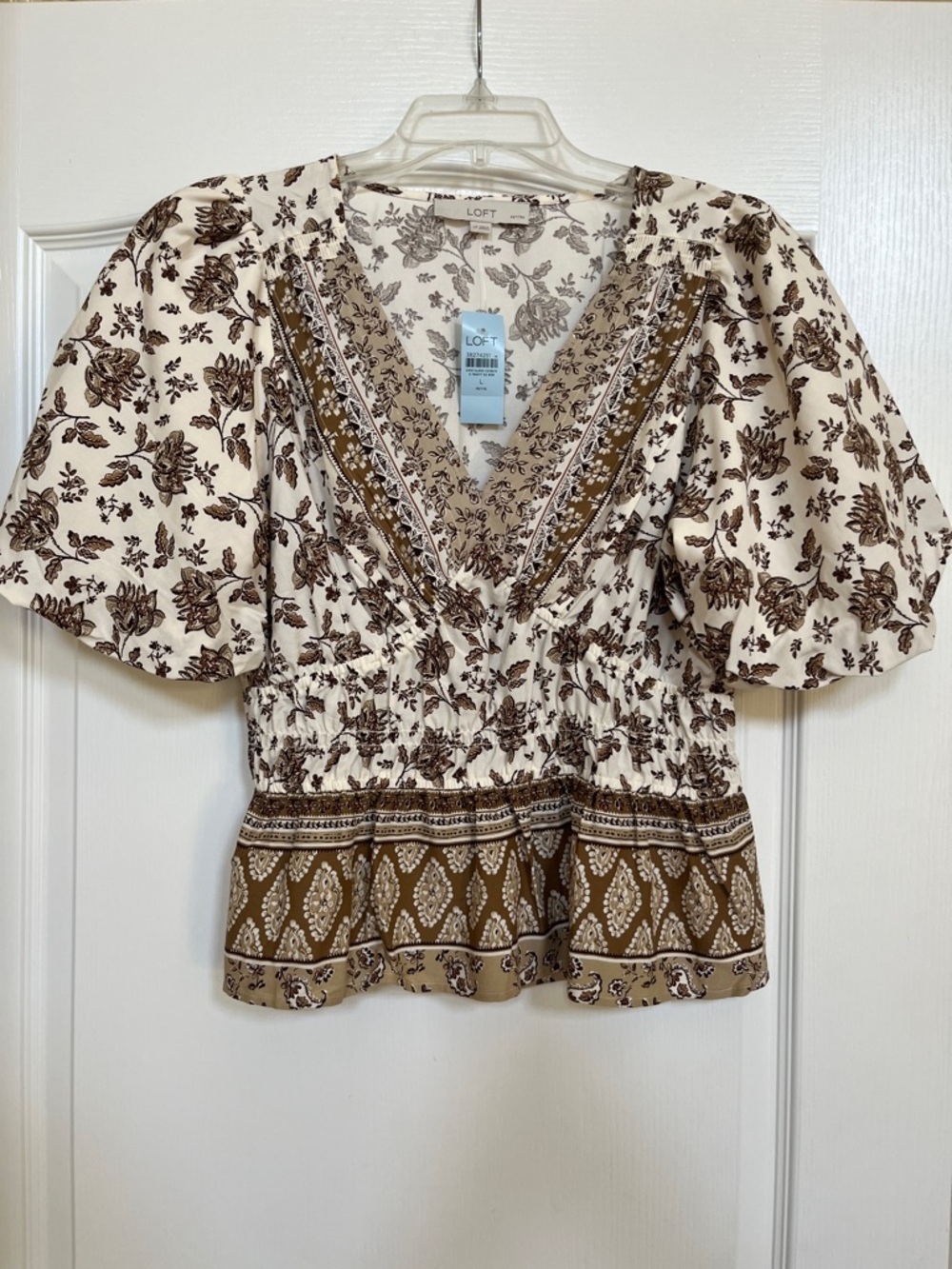 LOFT Cream and Brown Floral V-Neck Smocked Peplum Top